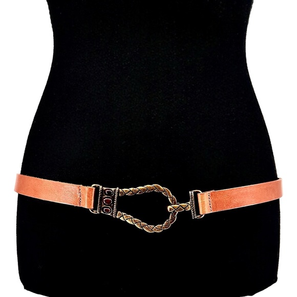 Chicos Italian Leather Brass Tone Waist Belt Size S/M Adjustable Hook Gemstones - Picture 1 of 16